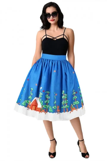 Womens Christmas Tree And Reindeer Printed Pleated Skirt Blue-elleschic