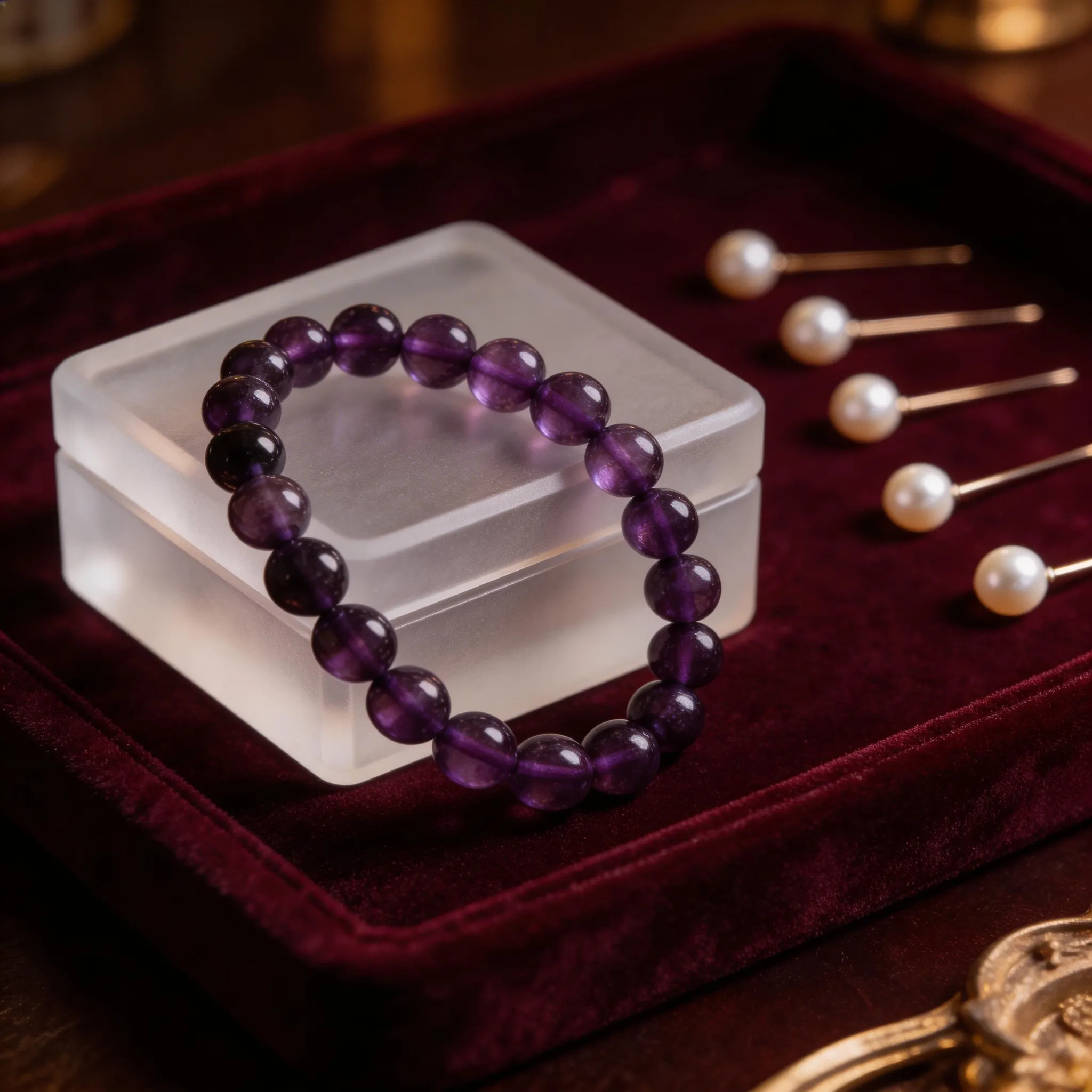 Amethyst bracelet on velvet with pearls