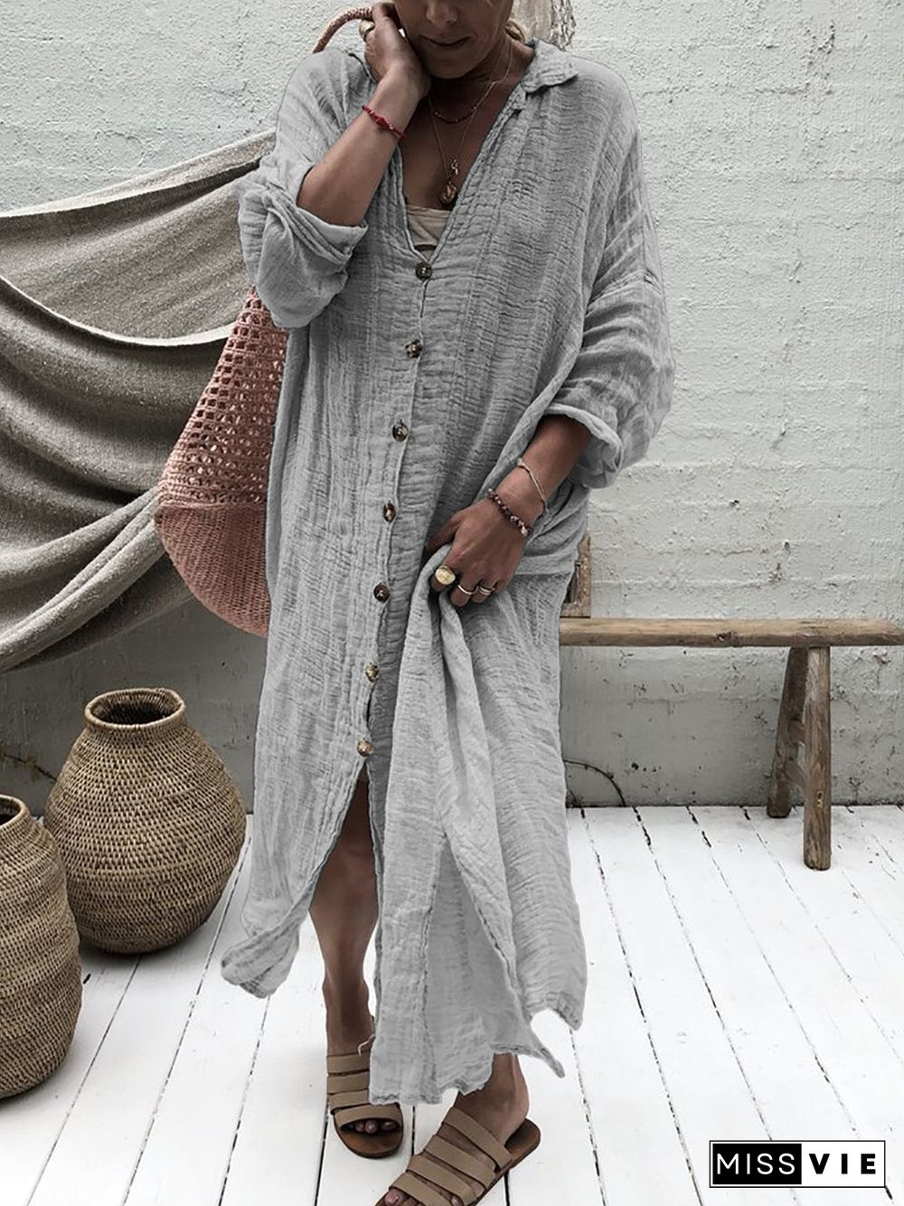 Solid 3/4 Sleeve V Neck Cotton Fall Dresses Linen