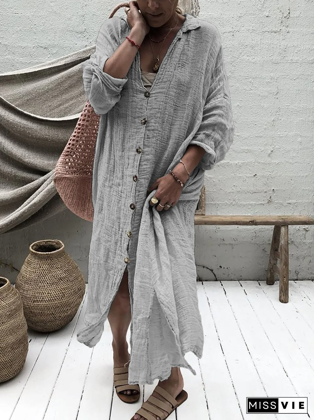 Solid 3/4 Sleeve V Neck Cotton Fall Dresses Linen