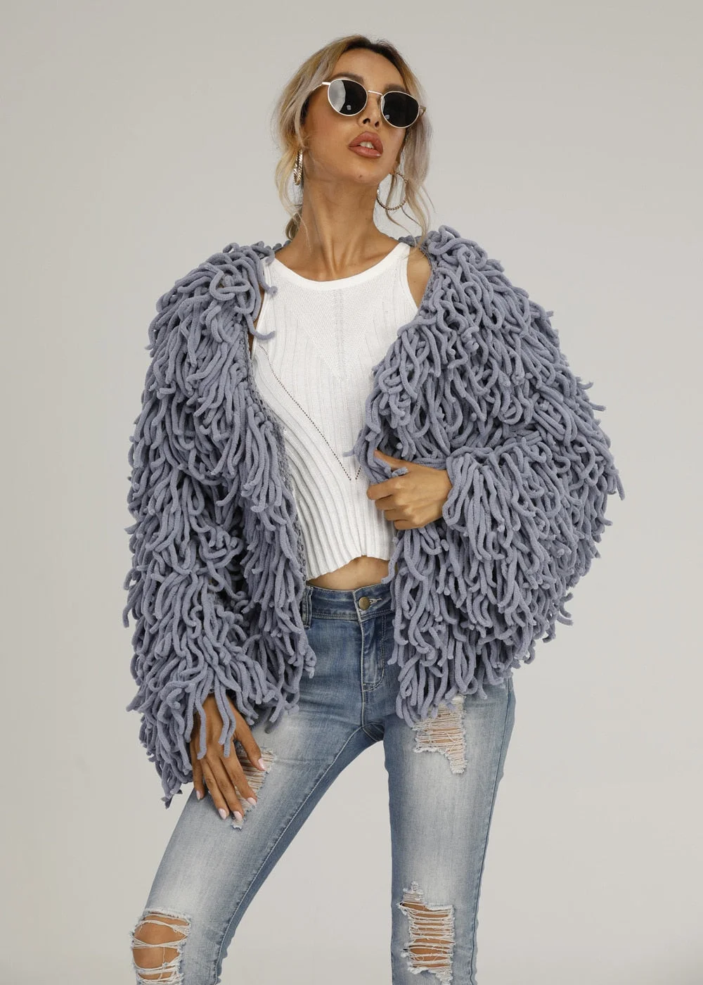 Autumn and winter new woolen woolen plush fringed sweater jacket personality blouse women