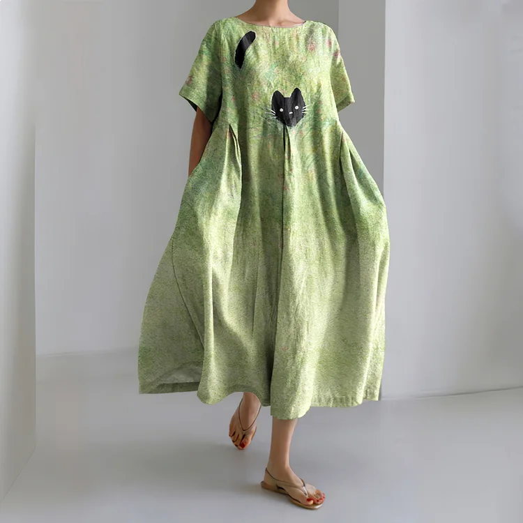 Plant & Cat Painting Art Linen Blend Maxi Dress