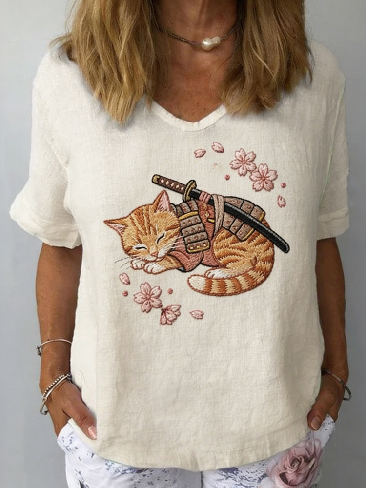 Cute Sleeping Samurai Cat Art Cozy Linen T Shirt wearshes