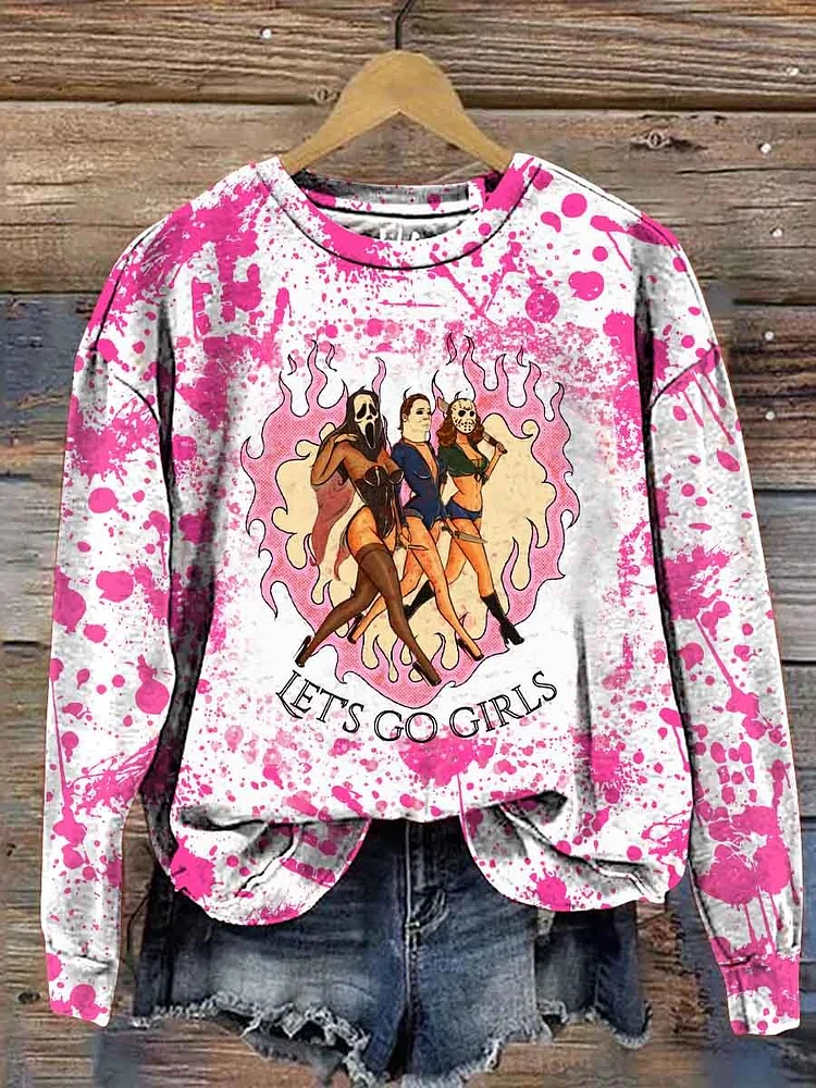 Women's Retro Pink Horror Let's Go Girls Halloween Art Casual Sweatshirt