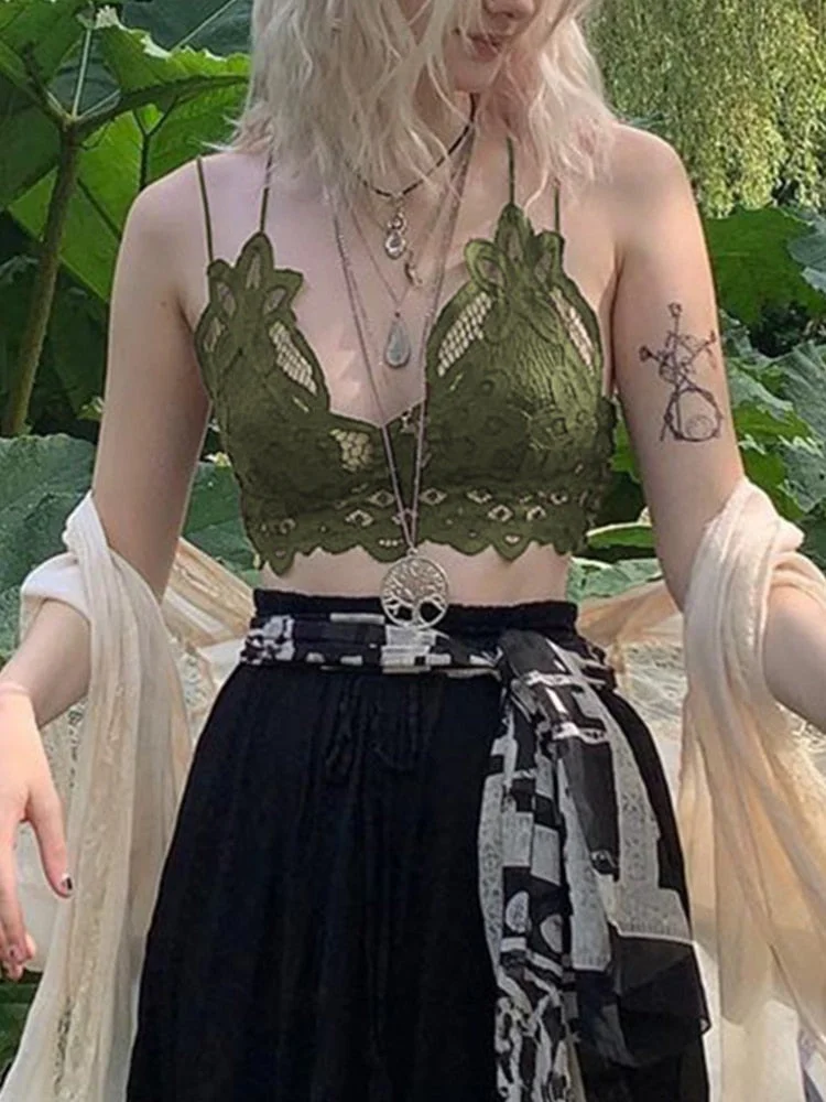 Rapcopter y2k Cute Sweet Crop Top Lace Backless V Neck Mini Vest Vintage Grunge Fairycore Corset Sweats Women Holiday Camis Chic