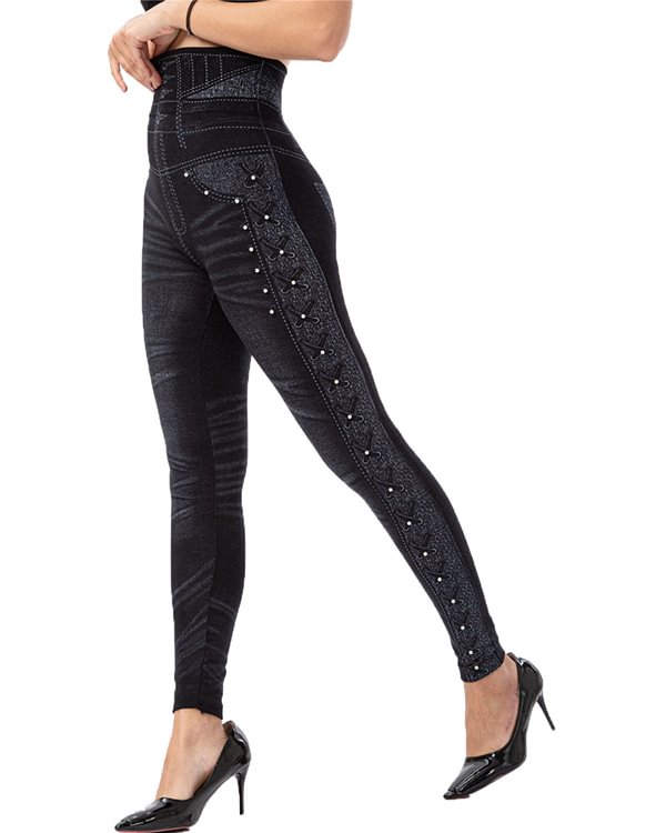 Casual Pocket Corset Faux Denim Leggings
