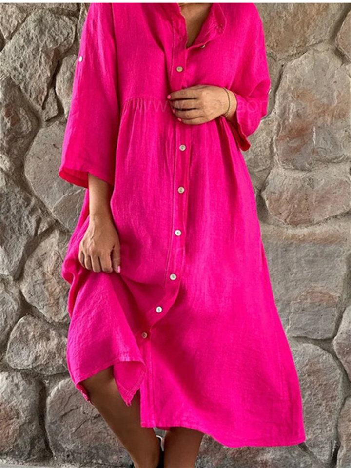 Women's New Cotton and Linen Solid Color Casual Collar Buttons Long Dresses
