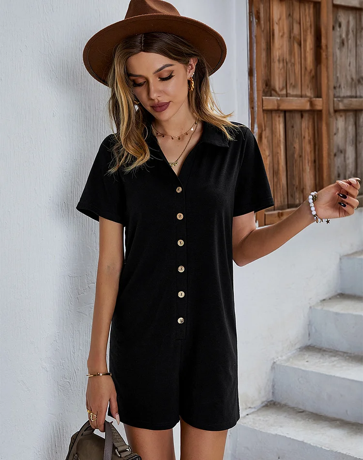 Women's Rompers Lapel Single-Breasted Short Jumpsuits Outfits