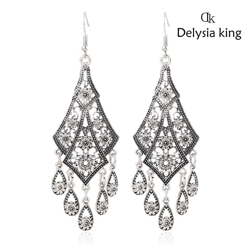 UsmallLifes King Bohemian Retro Hollow Carved Flower Long Dangle Earring Ethnic Vintage Water Drop Tassel Earrings Indian Jewelry ELCNEPAL