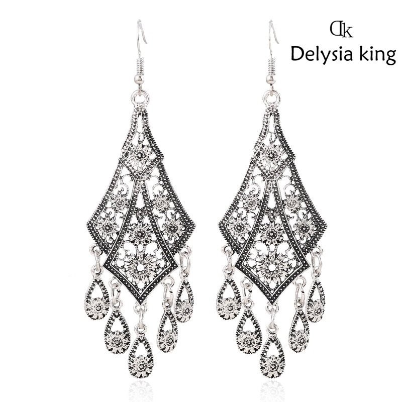 UsmallLifes King Bohemian Retro Hollow Carved Flower Long Dangle Earring Ethnic Vintage Water Drop Tassel Earrings Indian Jewelry US Mall Lifes