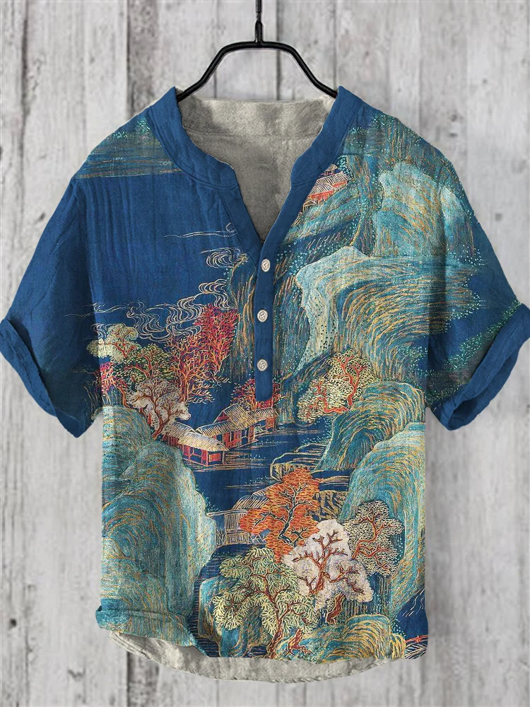 Japanese Landscape Print Linen Shirt