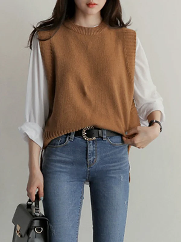 Original Pure Color High-Low Round-Neck Sleeveless Knitting Vest Outwear