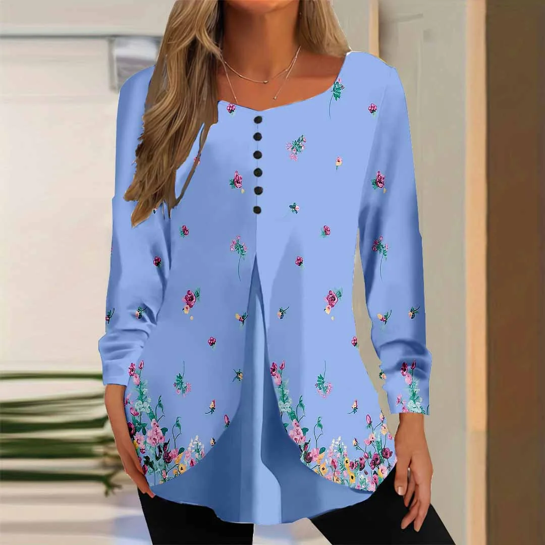 Women Floral,Blue DZGG8314 Long Sleeve Scoop Neck Printed Graphic Button Fake 2in1 Tops