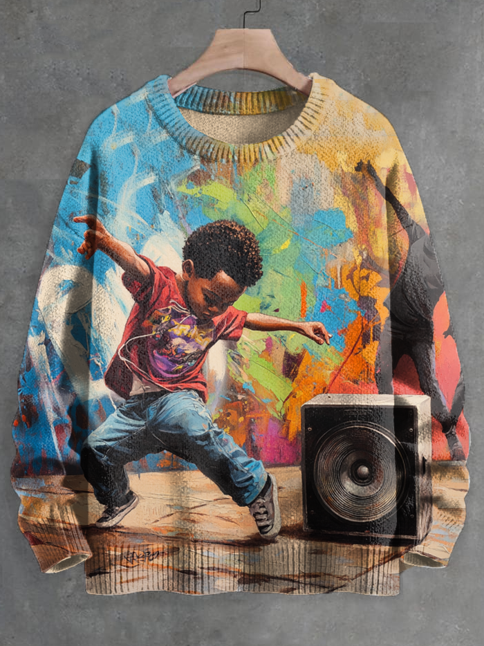 Men's Black Boy Street Dance Art Print Knit Sweatshirt