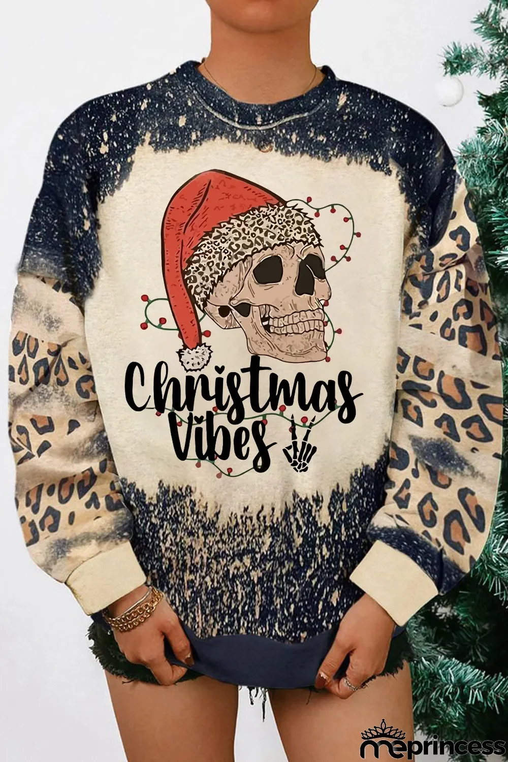 Black Christmas Vibes Skull Leopard Color Block Sweatshirt