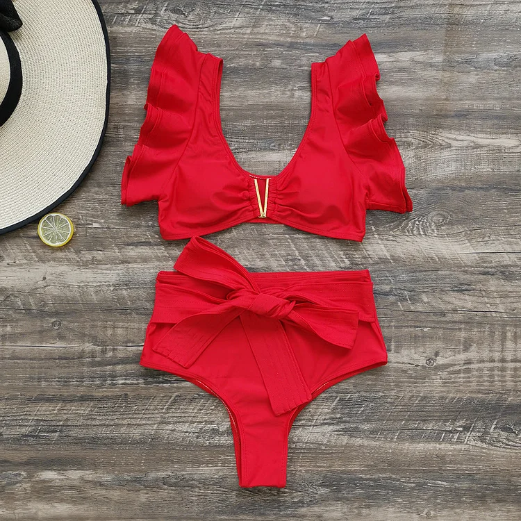 Flaxmaker Ruffle V Neck Solid Color Bikini Swimsuit