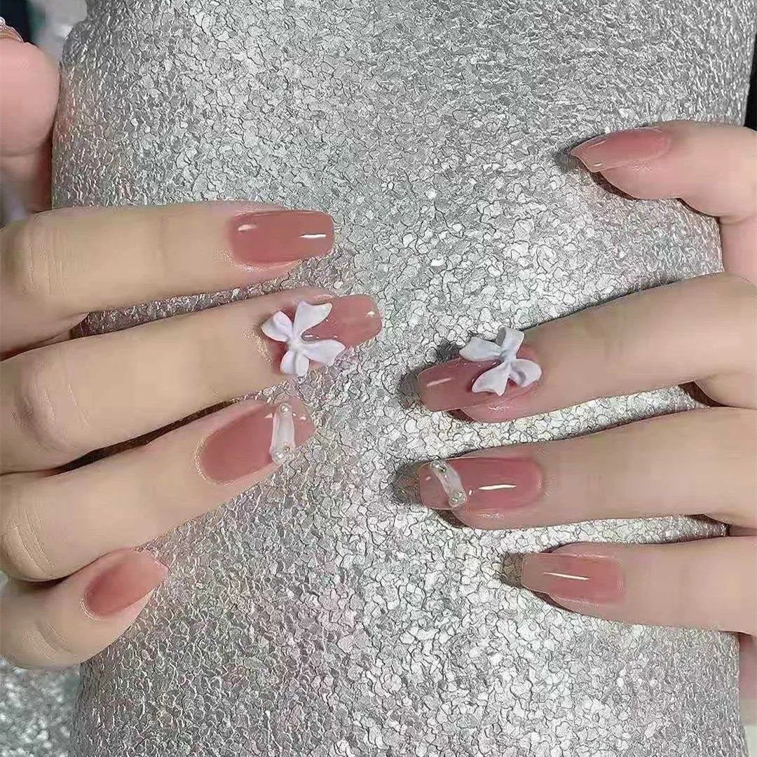 Fake nails with glue designed 24pcs French Ribbon Wear Long Paragraph Fashion Manicure Patch False Nails Wearable Nail Patch TY-Nail Inspo
