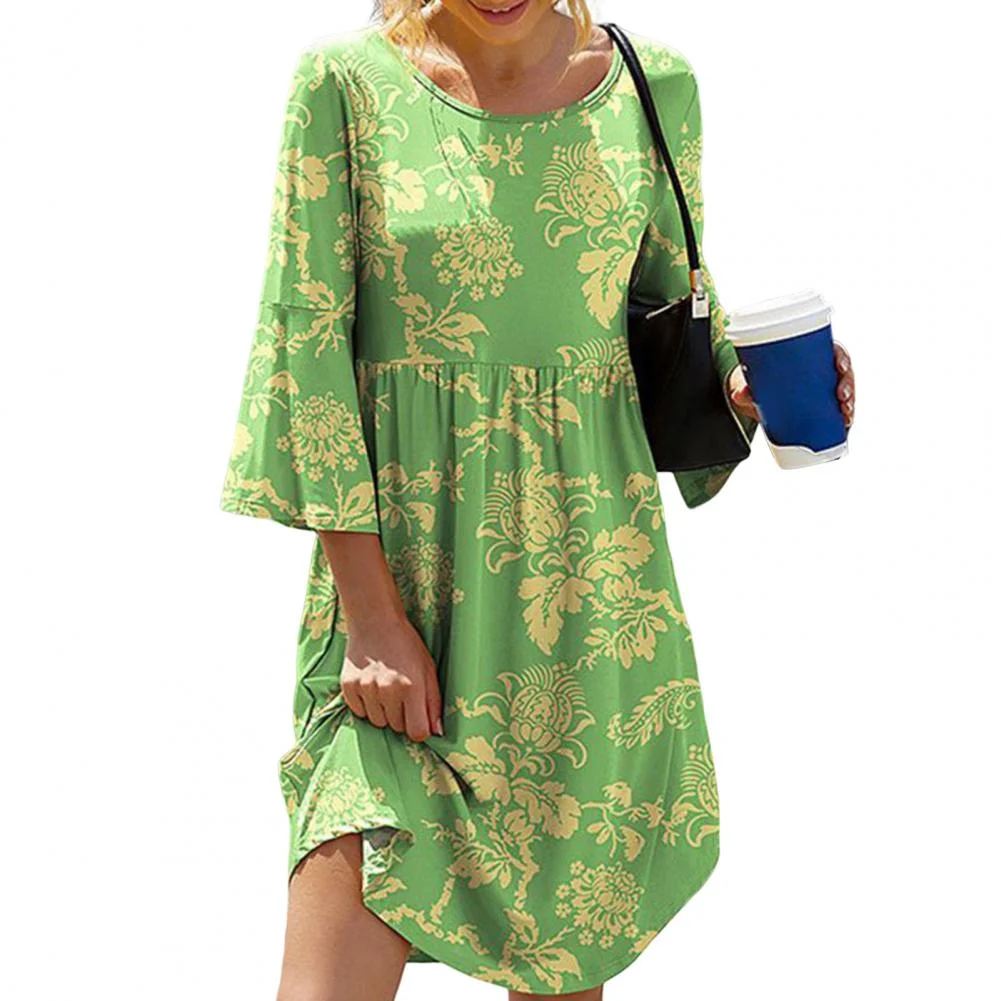 Autumn Flower Print Vintage A-Line Mini Dress Women O-Neck 3/4 Flare Sleeve Waist Tight Loose Hem Elegant Dress Female Clothing