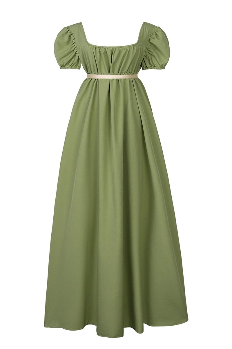 Medieval Green Square Neck Pleated Belt Lamphole Sleeve Maxi Dress [Pre-Order]