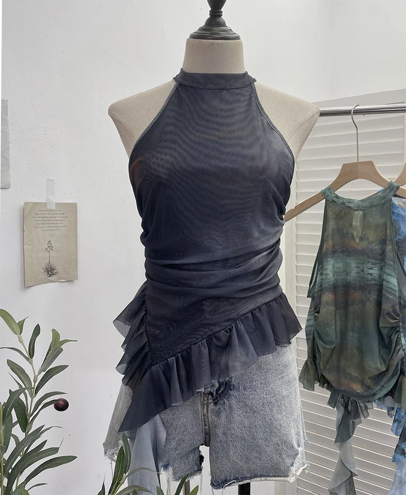 Uveng Trend Irregular Hanging Neck Dyeing Net Yarn Vest Lotus Side Ribbon Short Sleeveless Top 9969