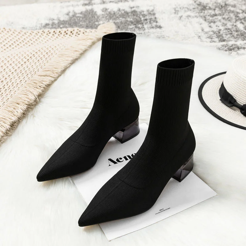 Comemore Women's Dress Pointed Mid-heeled Short Ankle Boot Female Autumn 2021 2022 Knitted Block Low Heel High Socks Boots Shoes