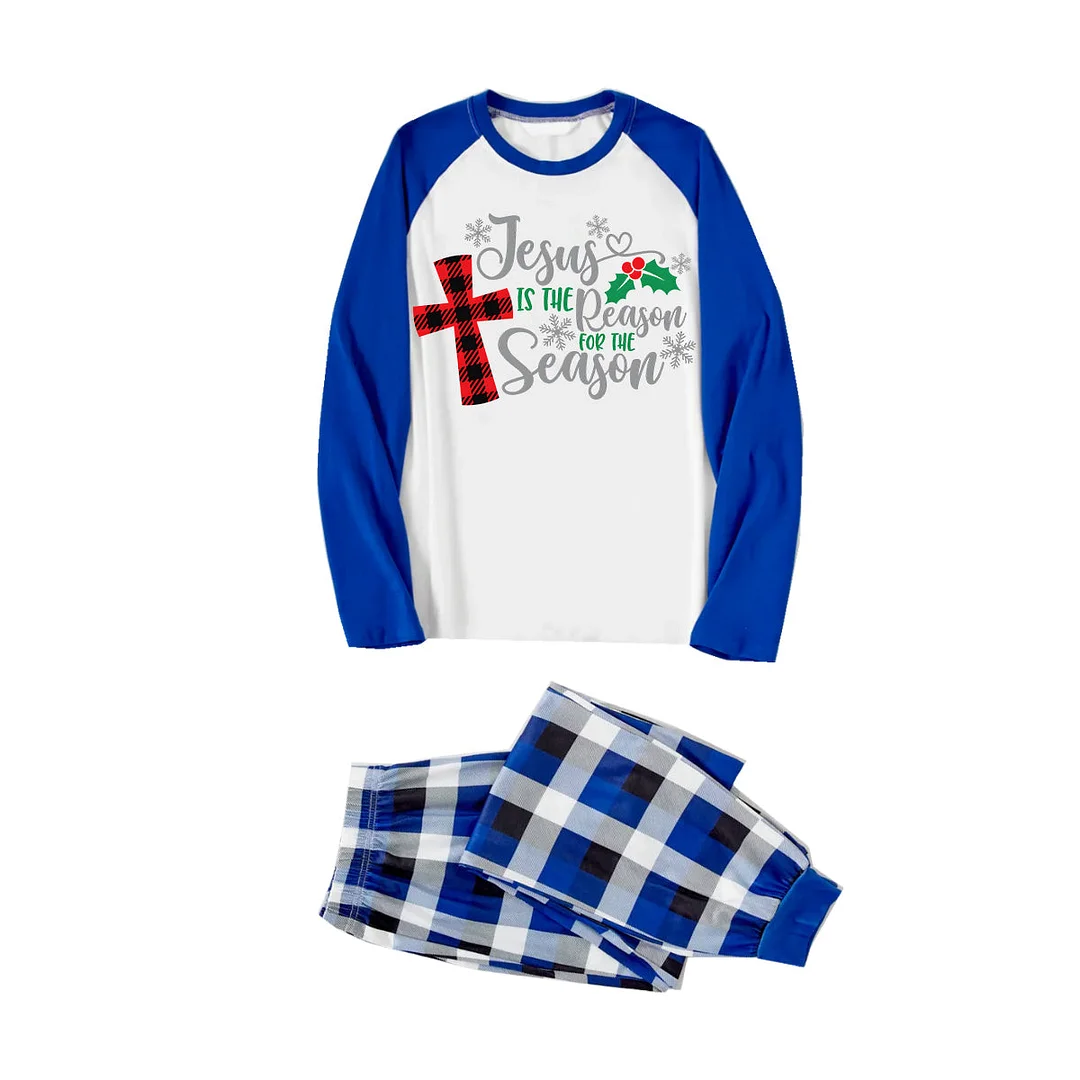 Christmas "Jesus is the Reason of the Season" Letter Print Patterned Blue and White Raglan Sleeves with Blue&White&Black Plaid Pants Family Matching Pajamas