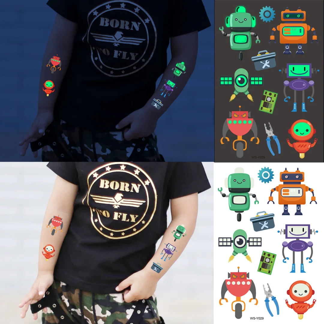 Sdrawing Glow In The Dark Temporary Tattoos For Kids Boys Kids Fake Luminous Tattoo Flash Animal Cartoon Party Favor Set Glowing Zoo