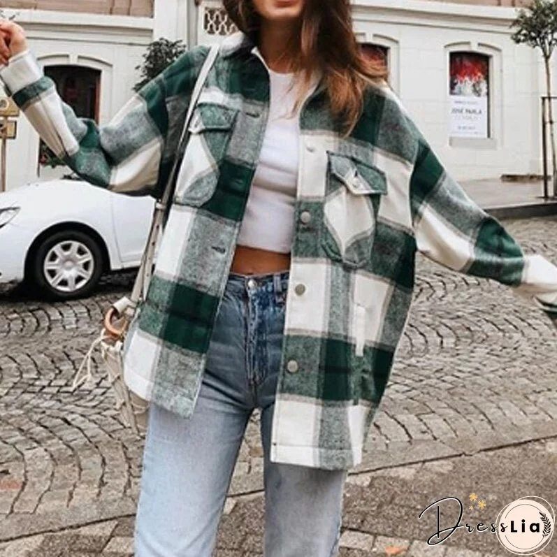 Winter Green Plaid Jacket Coat Women Streetwear Long Leeve Thick Wool Coat Fashion Pocket Oversized Lapel Autumn Shirts Coats