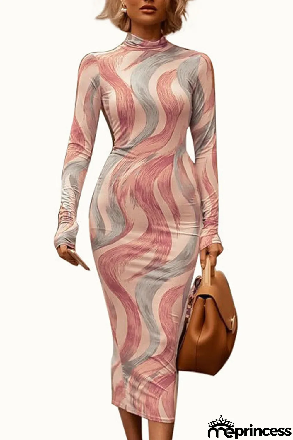 Pink Sexy Milk Fiber Print O Neck Long Sleeve Ankle Length Pencil Skirt Dresses