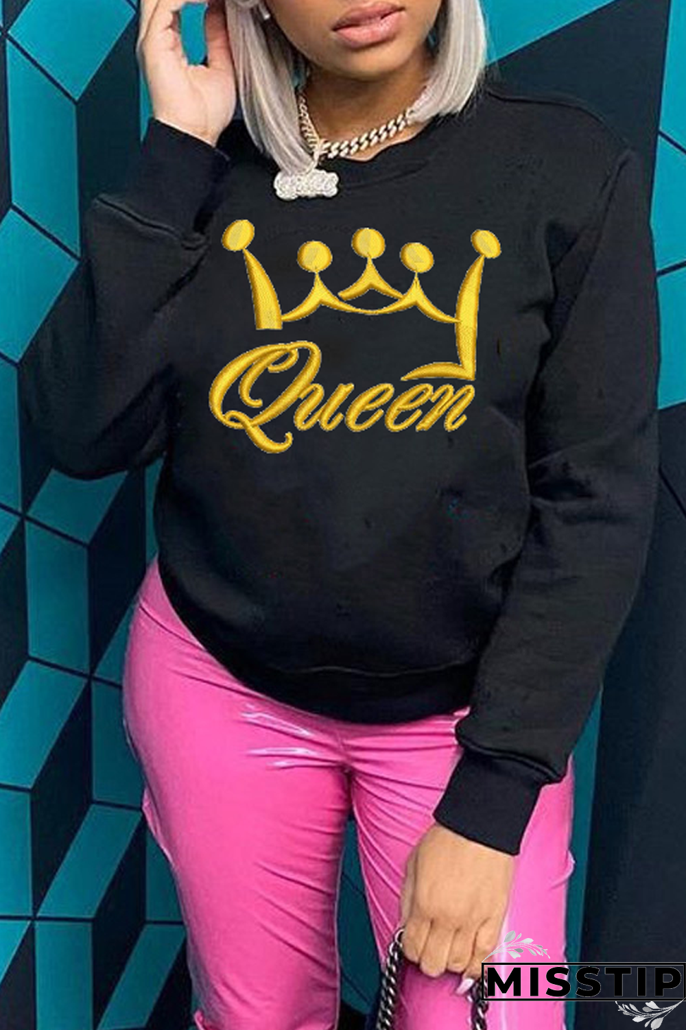 Black Street Print Patchwork O Neck Tops