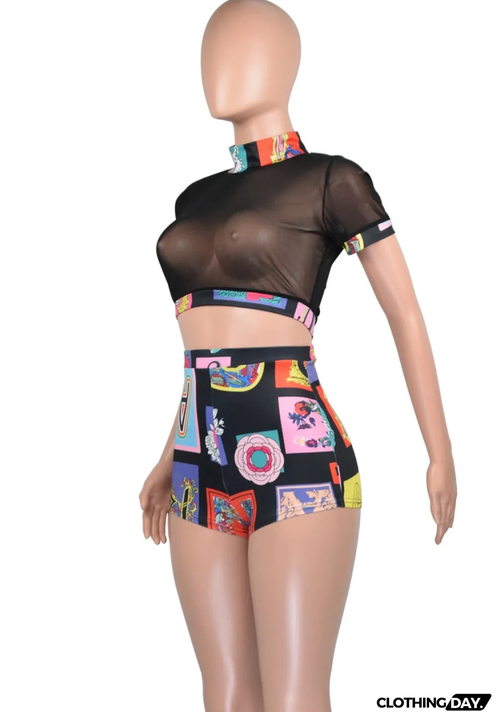 Women Summer Black Sexy Turtleneck Short Sleeves High Waist Printed Skinny Two Piece Shorts Set