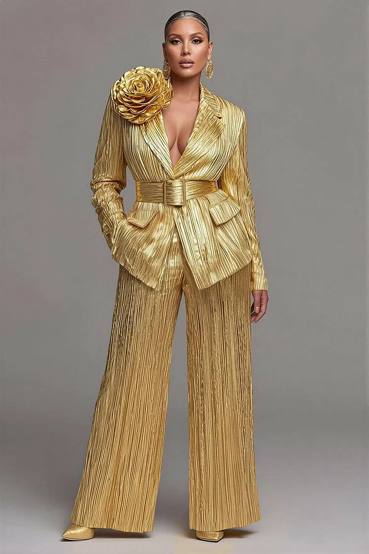 Xpluswear Design Plus Size Formal Gold Lapel Collar Long Sleeve 3D Pocket Metallic Two Piece Pant Suits [Pre-Order] 2024 - Xpluswear