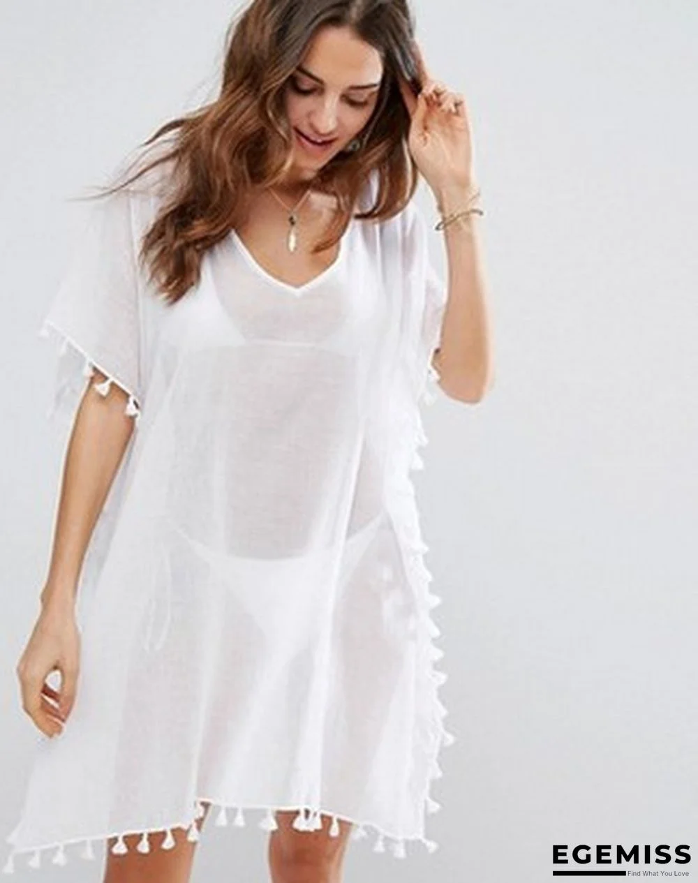 Round Neck Chiffon Tassel Dress Plus Size Loose Beach Blouse | EGEMISS