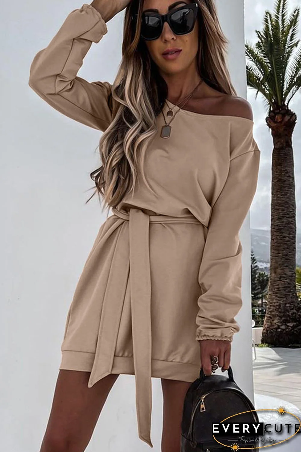 Khaki Crewneck Long Sleeve Belted Casual Mini Dress