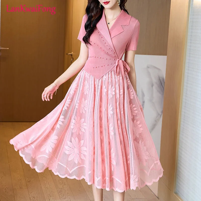 Tlbang Elegant Commuter Mosaic Midi Pleated Dress Short Sleeve Lapel Elegant Dress Embroidered Mesh Splice Beaded Premium Dress