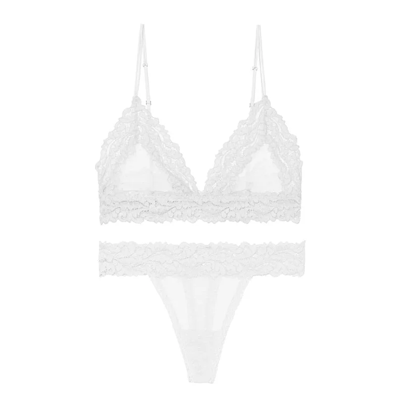 Sexy Lingerie Set Women Lace Bralette Underwear Transparent Mesh Dot Bra See Through Lingerie Black Brassiere Female Thong Sets