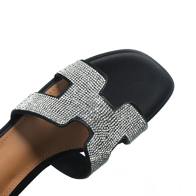 Women's Summer Square Open Toe Rhinestone Sparkling Flat Slippers-vocosishoes