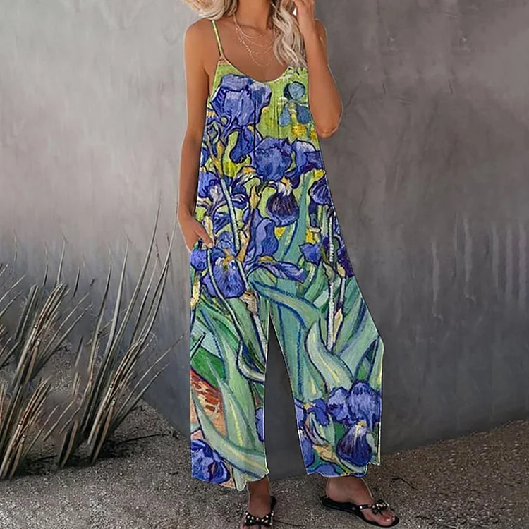 Comstylish Oil Painting Iris Print Casual Jumpsuit