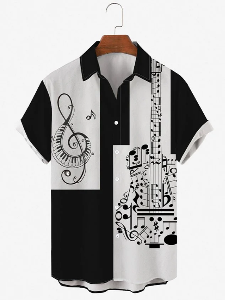Mens Sheet Note Music Print Round Hem Loose Short Sleeve Hawaiian Shirts