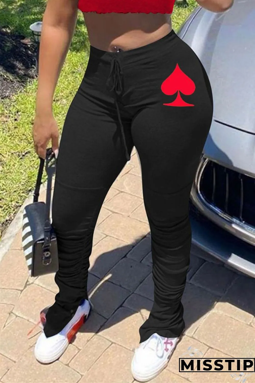 Pink Elastic Fly Mid Print Boot Cut Pants Bottoms