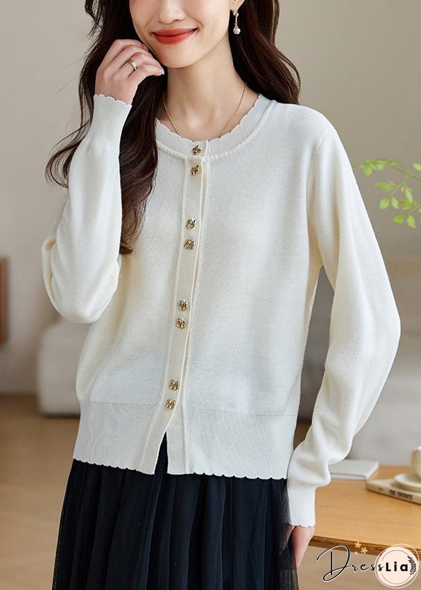 White Button Solid Wool Knit Fall Coats O Neck