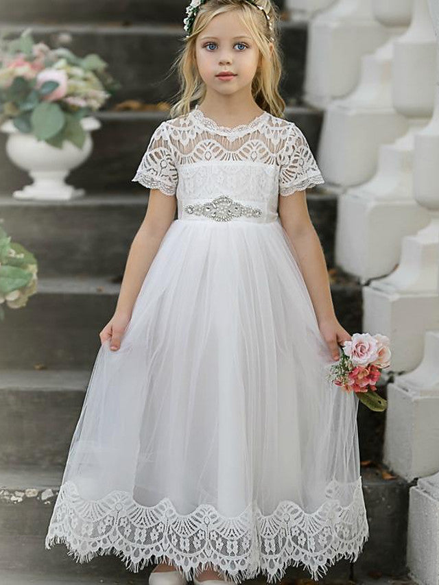 Oknass A-Line Short Sleeve Jewel Neck Flower Girl Dresses Lace Tulle With Tier Solid