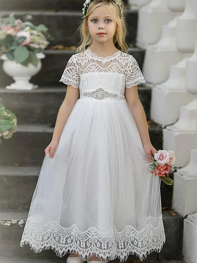 Daisda A-Line Short Sleeve Jewel Neck Flower Girl Dresses Lace Tulle With Tier Solid