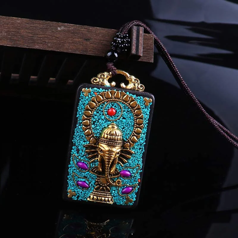 Ebony Wood Elephant Lotus Balance String Necklace Pendant