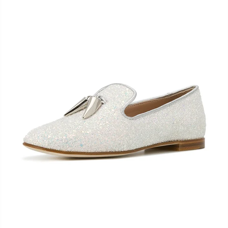 White Round Toe Comfortable Flats Glitter Loafers for Women |FSJ Shoes