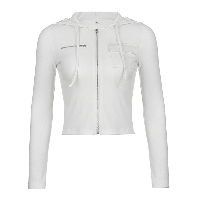 Aiertu guys clothing styles Autumn Women's Casual Fashion Short Solid Color Thread Pocket Zipper Hooded Long Sleeve Jacket aiertu