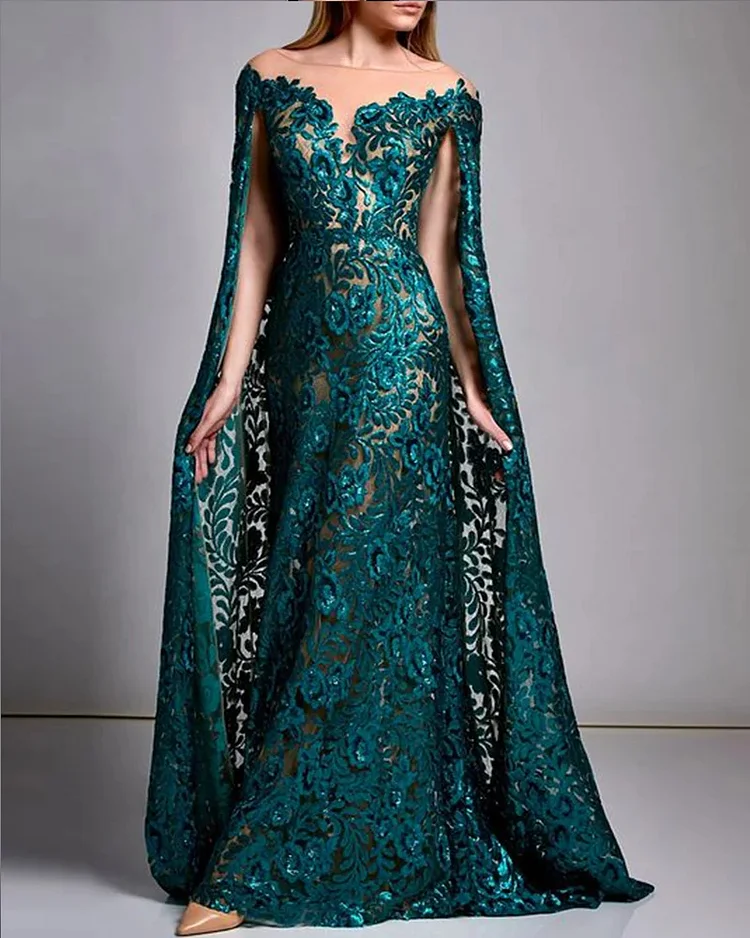 Gown Maxi Dress Cape Sequin Embroidery