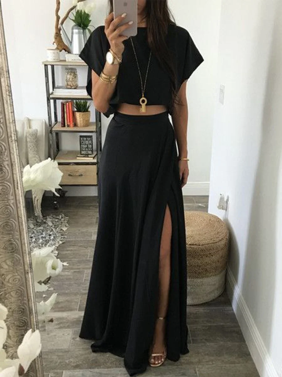 Casual T-shirt And Split Skirt Fashion Suit