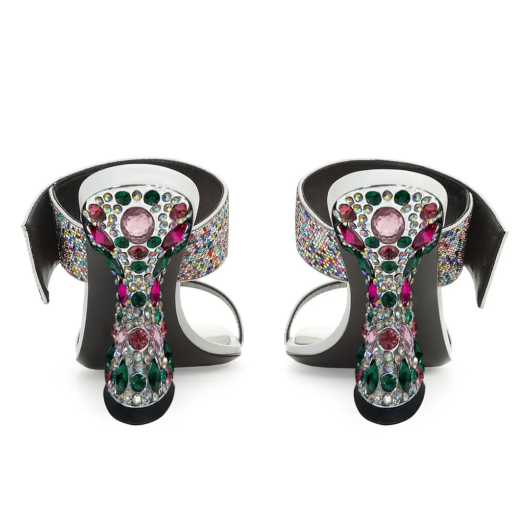 White Satin Square Toe Colorful Rhinestone Embellished Decorative Heel