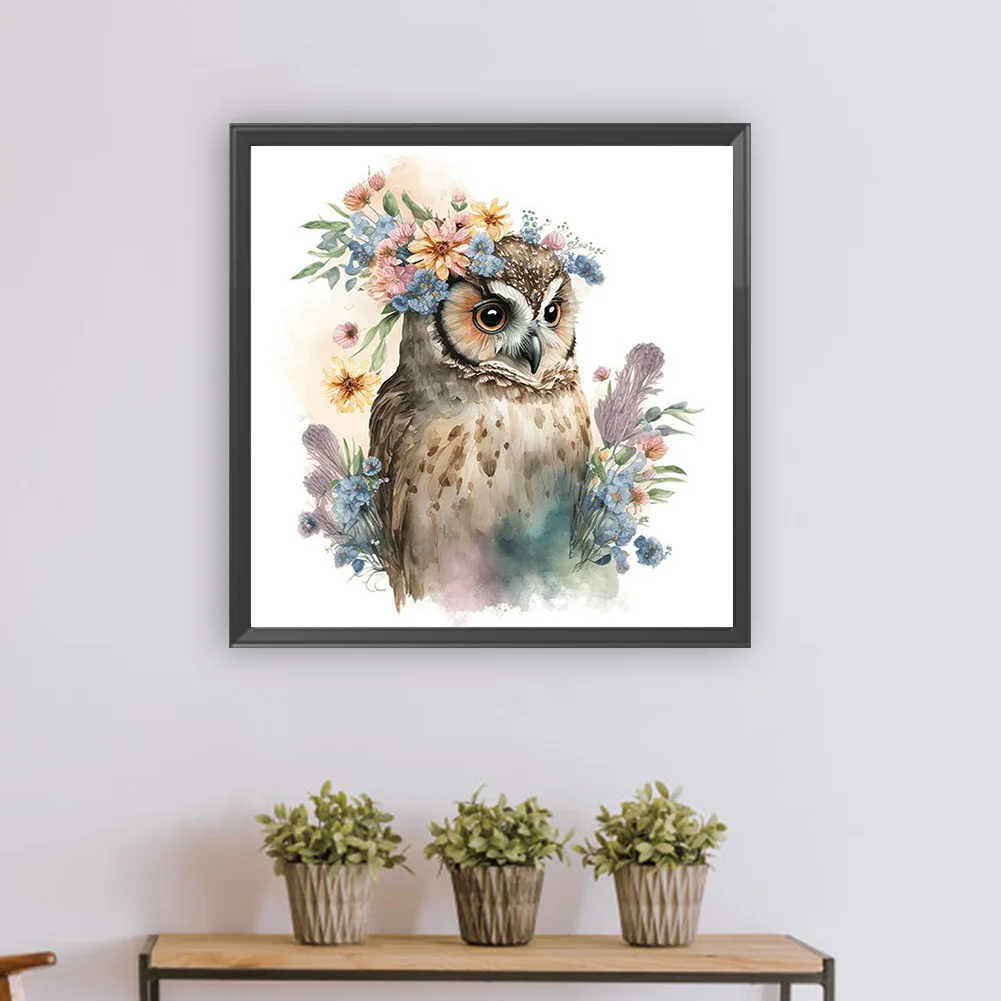 Full Round Diamond Painting 30*30cm - Owl And Flowers